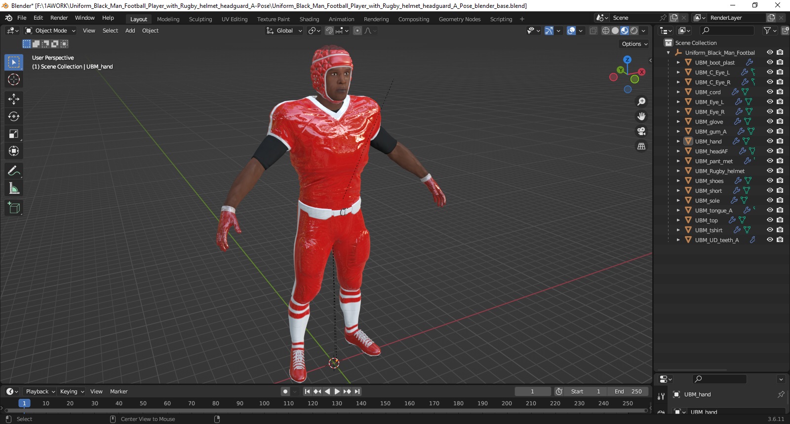 3D Uniform Black Man Football Player with Rugby Helmet Headguard A-Pose model