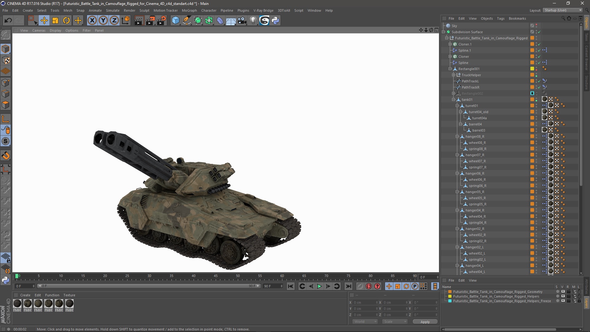 Futuristic Battle Tank in Camouflage Rigged for Cinema 4D 3D
