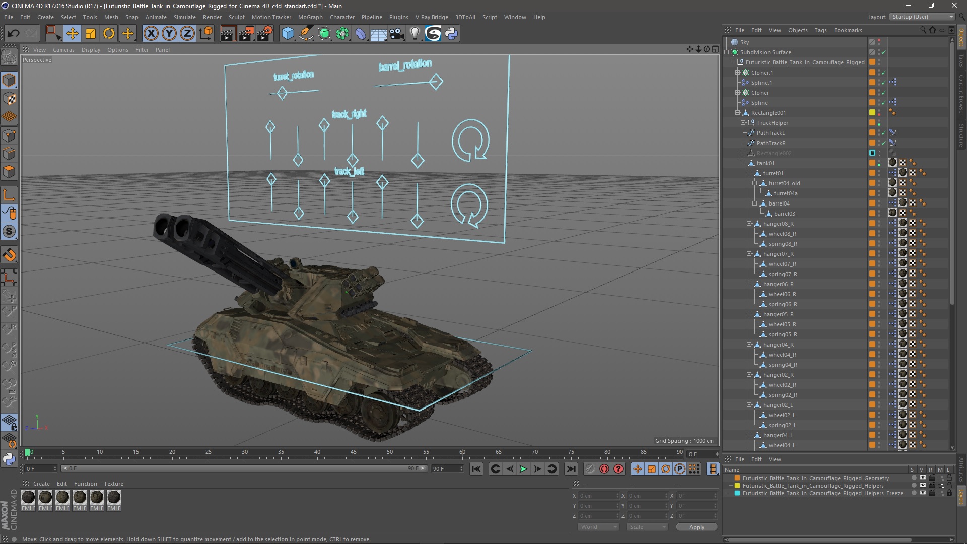 Futuristic Battle Tank in Camouflage Rigged for Cinema 4D 3D