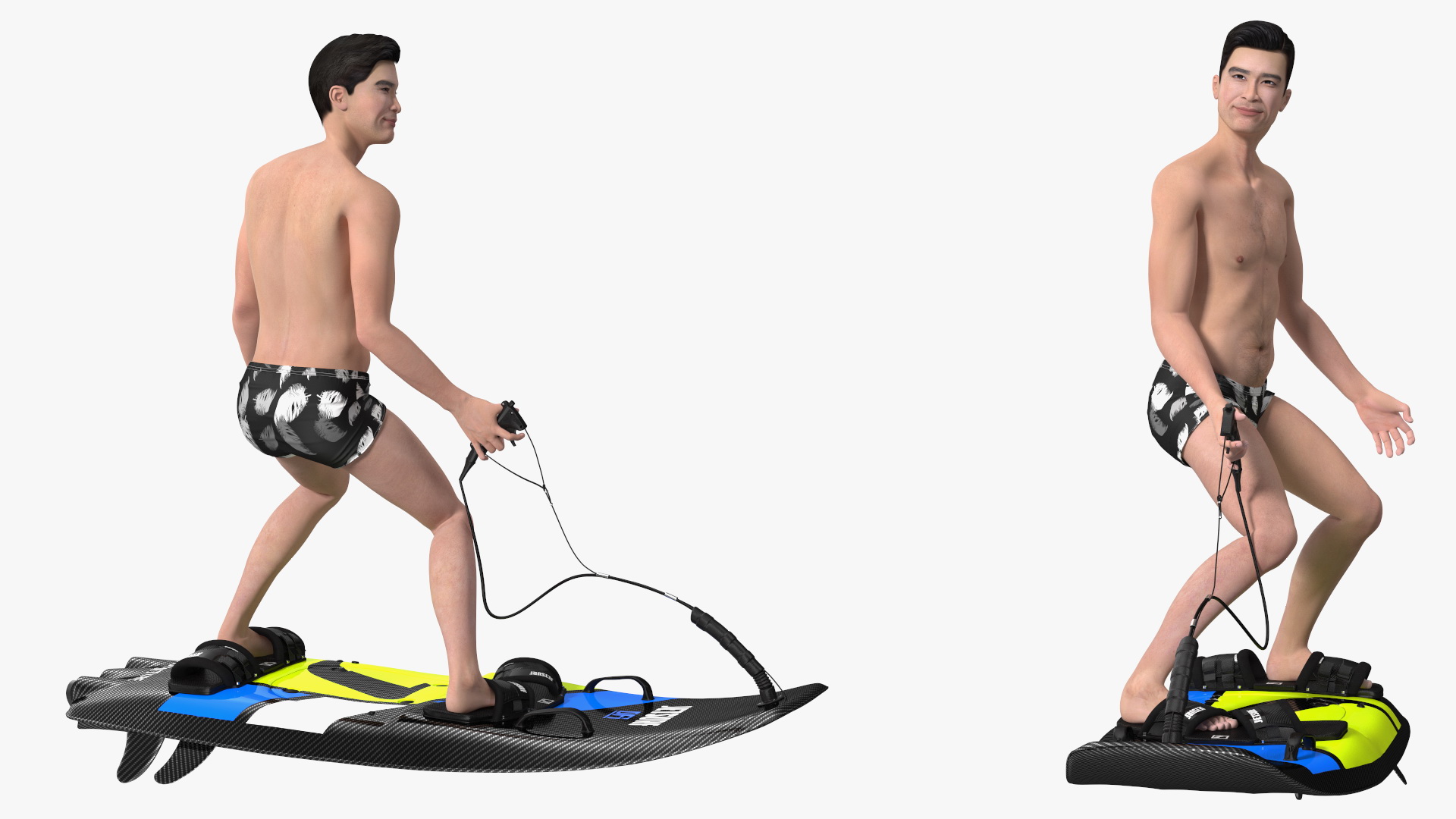 Motorised Surfboard Jet Surf Green With Asian Man 3D model