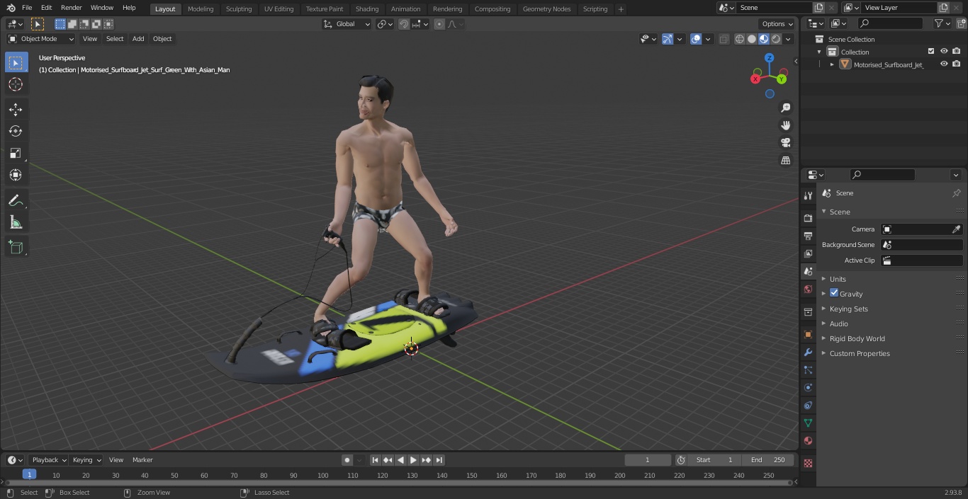 Motorised Surfboard Jet Surf Green With Asian Man 3D model