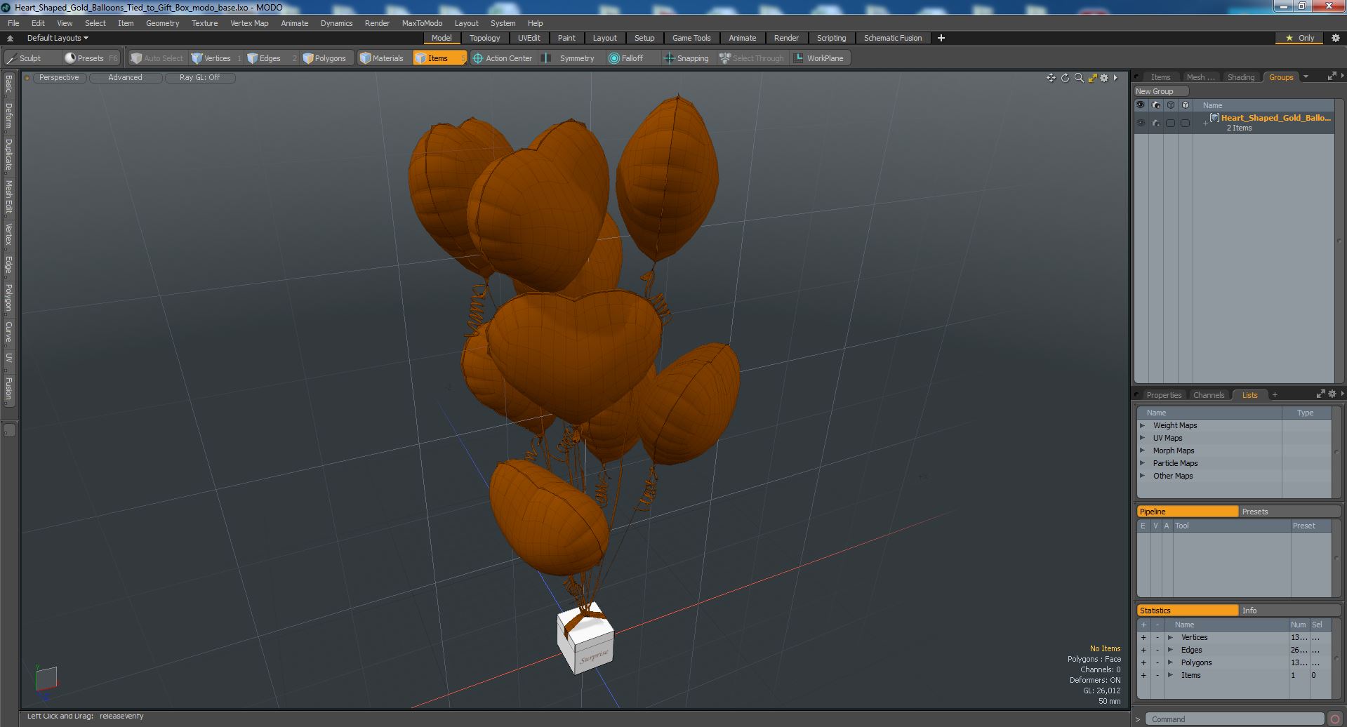 3D Heart Shaped Gold Balloons Tied to Gift Box model