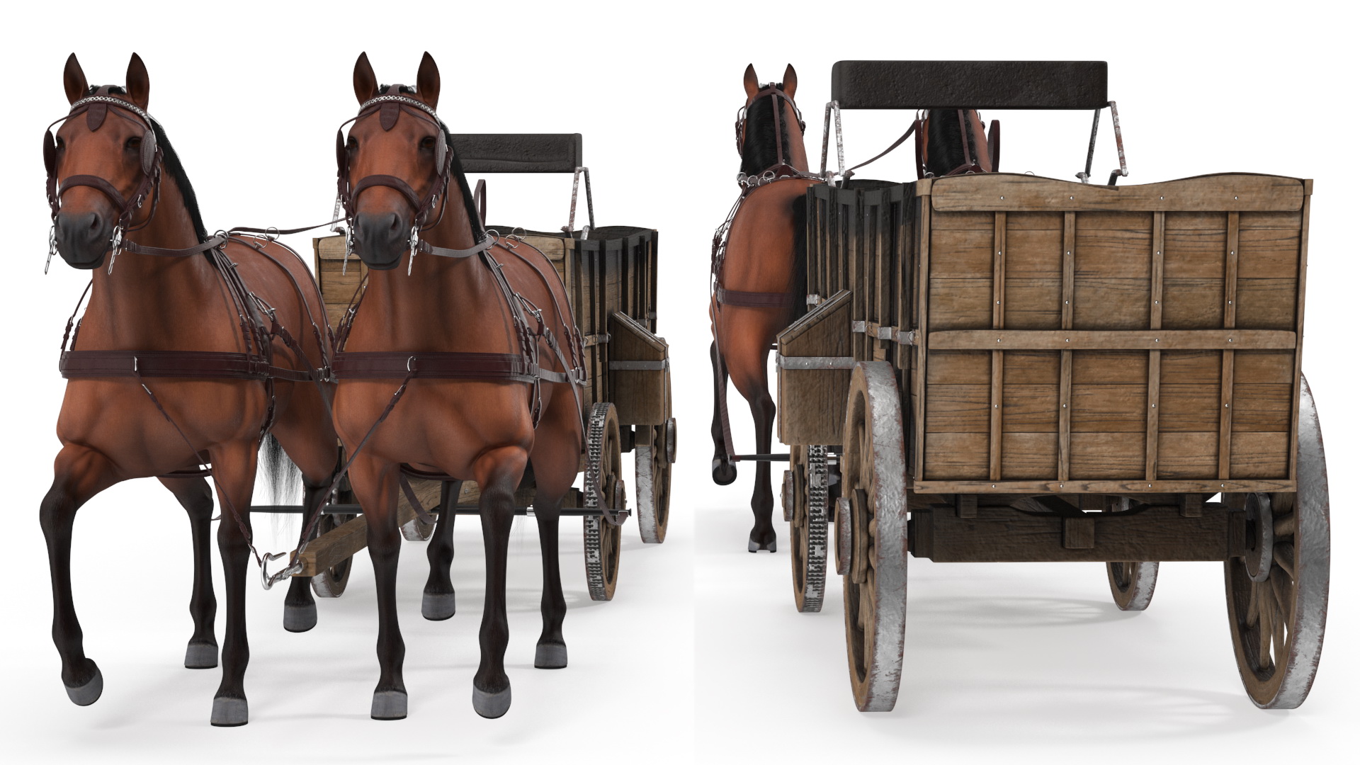 3D Open Wagon with Horses fur