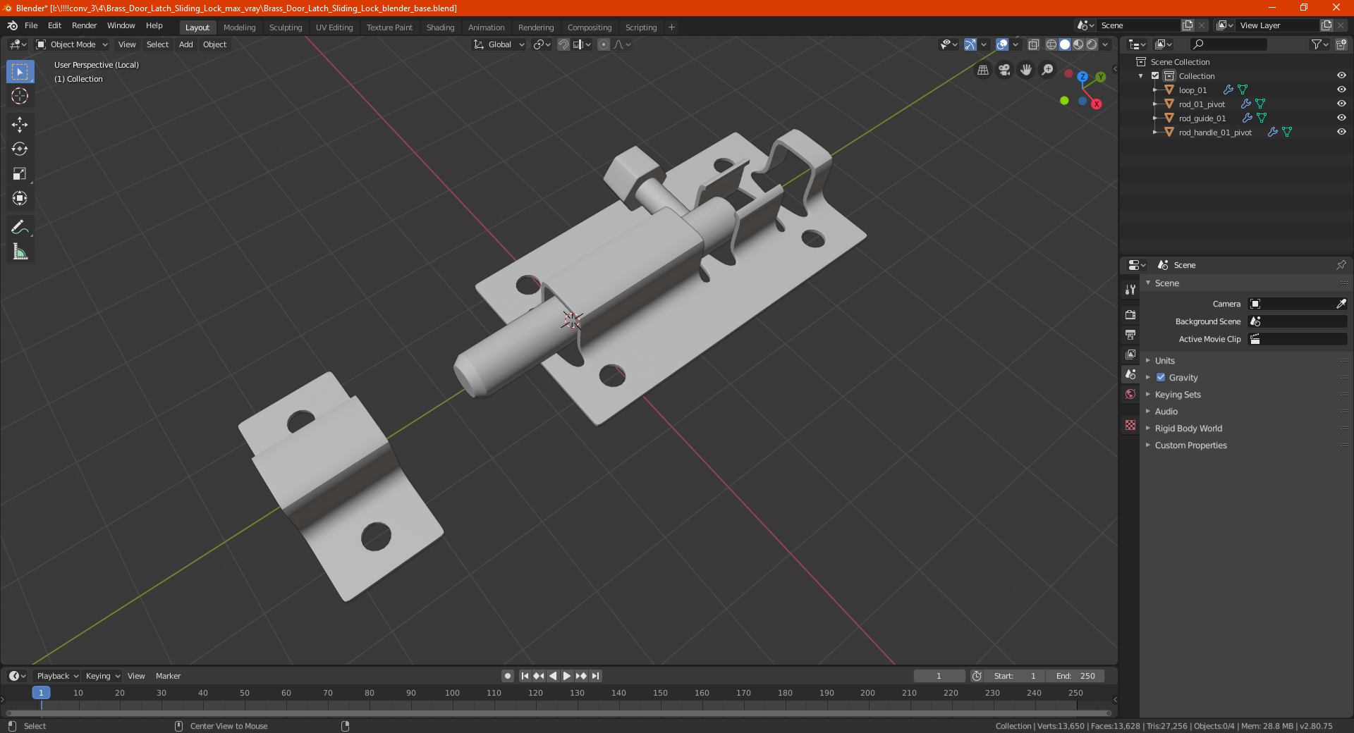 Brass Door Latch Sliding Lock 3D model