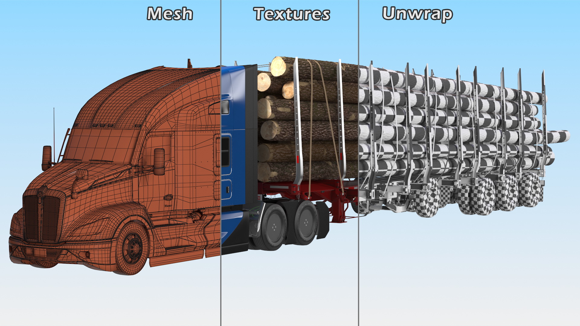 3D Truck With Logging Trailer Rigged model