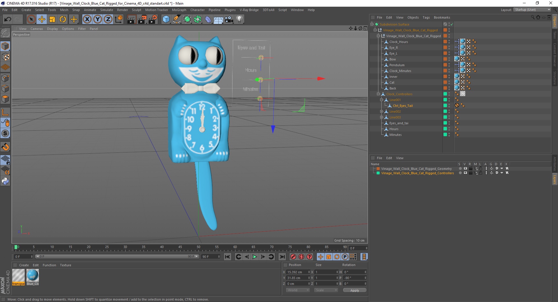 3D Vintage Wall Clock Blue Cat Rigged for Cinema 4D model