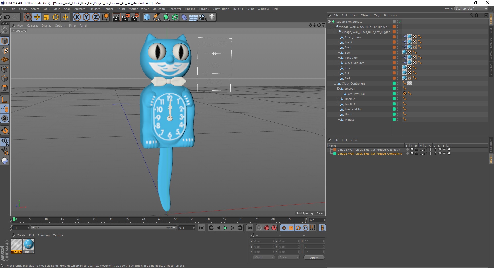 3D Vintage Wall Clock Blue Cat Rigged for Cinema 4D model
