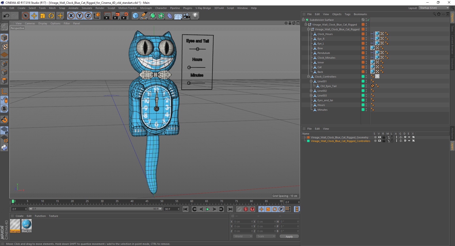 3D Vintage Wall Clock Blue Cat Rigged for Cinema 4D model