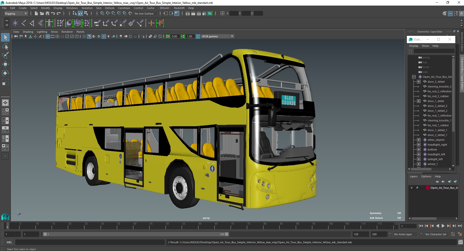 3D model Open Air Tour Bus Simple Interior Yellow