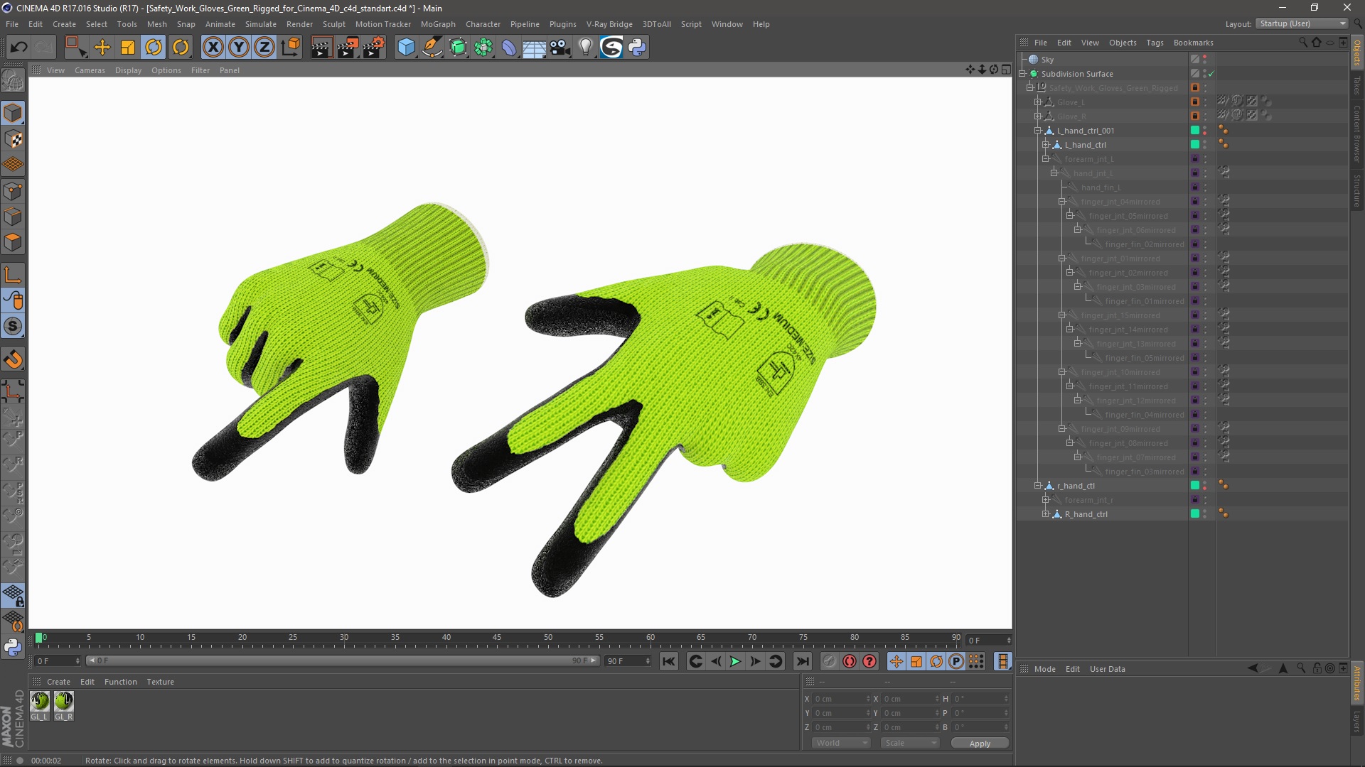 3D model Safety Work Gloves Green Rigged for Cinema 4D