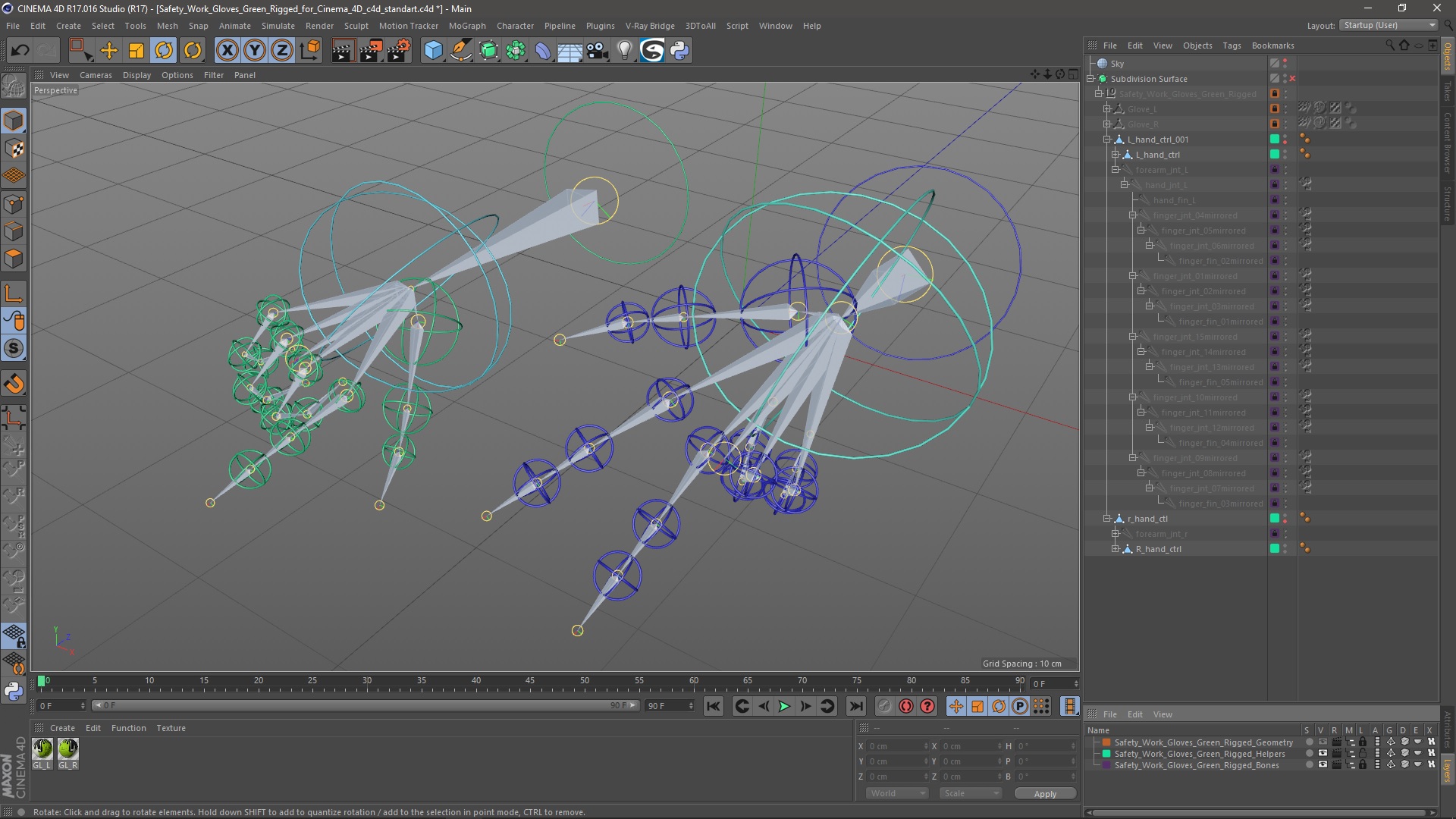 3D model Safety Work Gloves Green Rigged for Cinema 4D