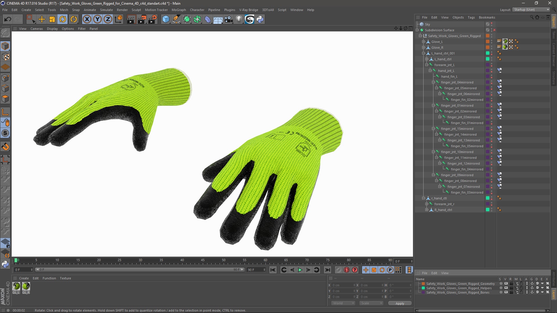 3D model Safety Work Gloves Green Rigged for Cinema 4D