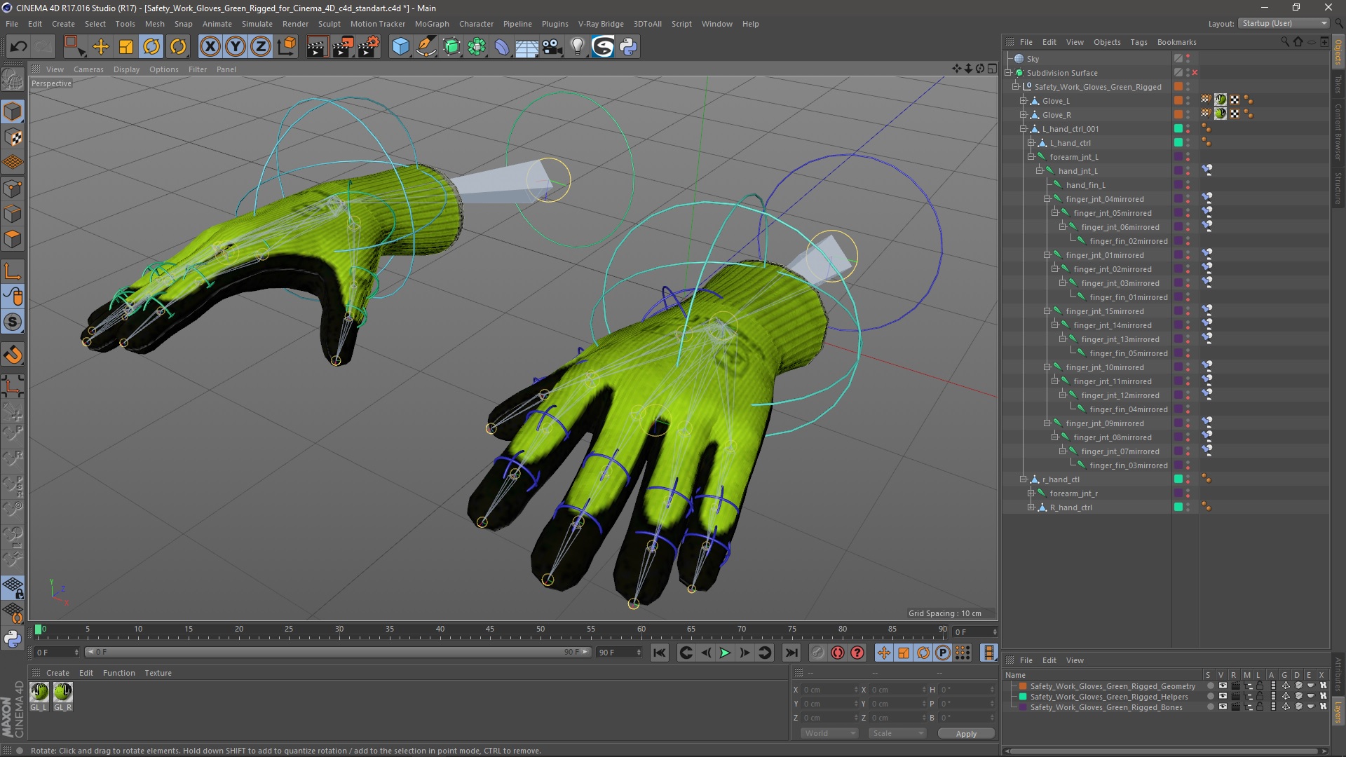 3D model Safety Work Gloves Green Rigged for Cinema 4D
