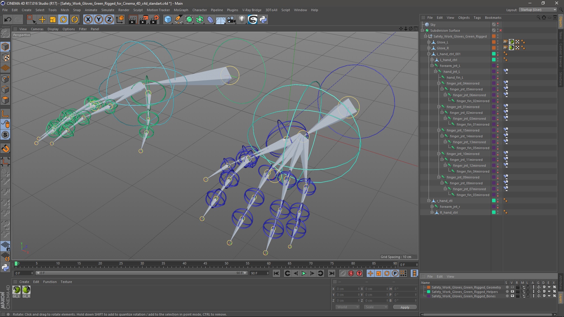 3D model Safety Work Gloves Green Rigged for Cinema 4D