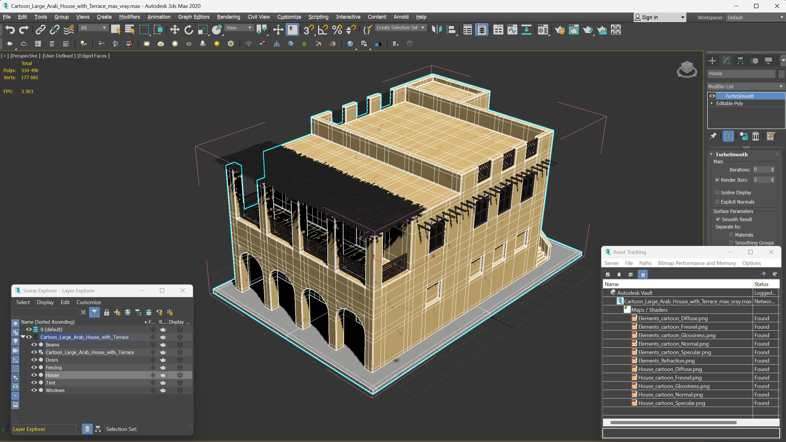 Cartoon Large Arab House with Terrace 3D