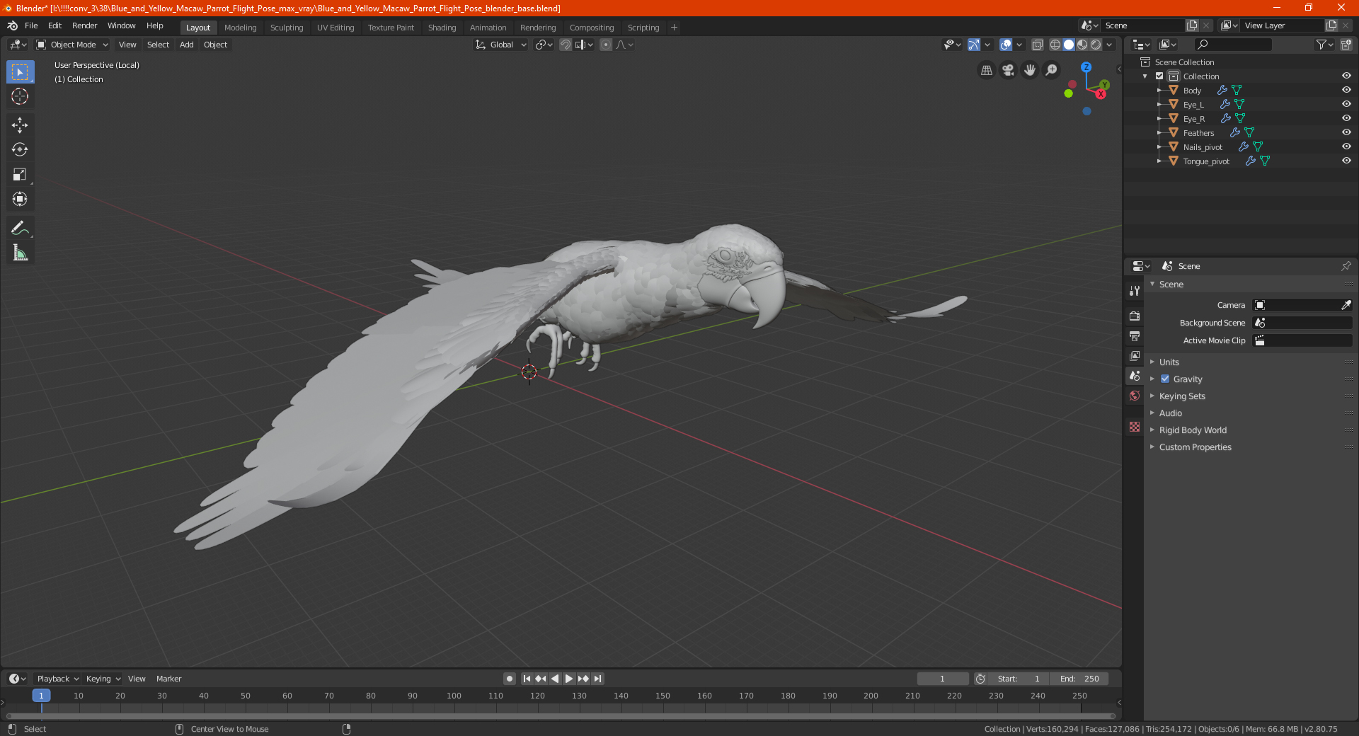 3D model Blue and Yellow Macaw Parrot Flight Pose