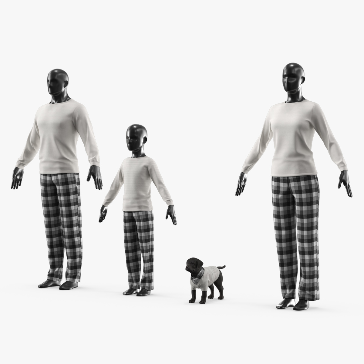 Family Pajama Set with Dog Clothing White Black 3D model collection preview