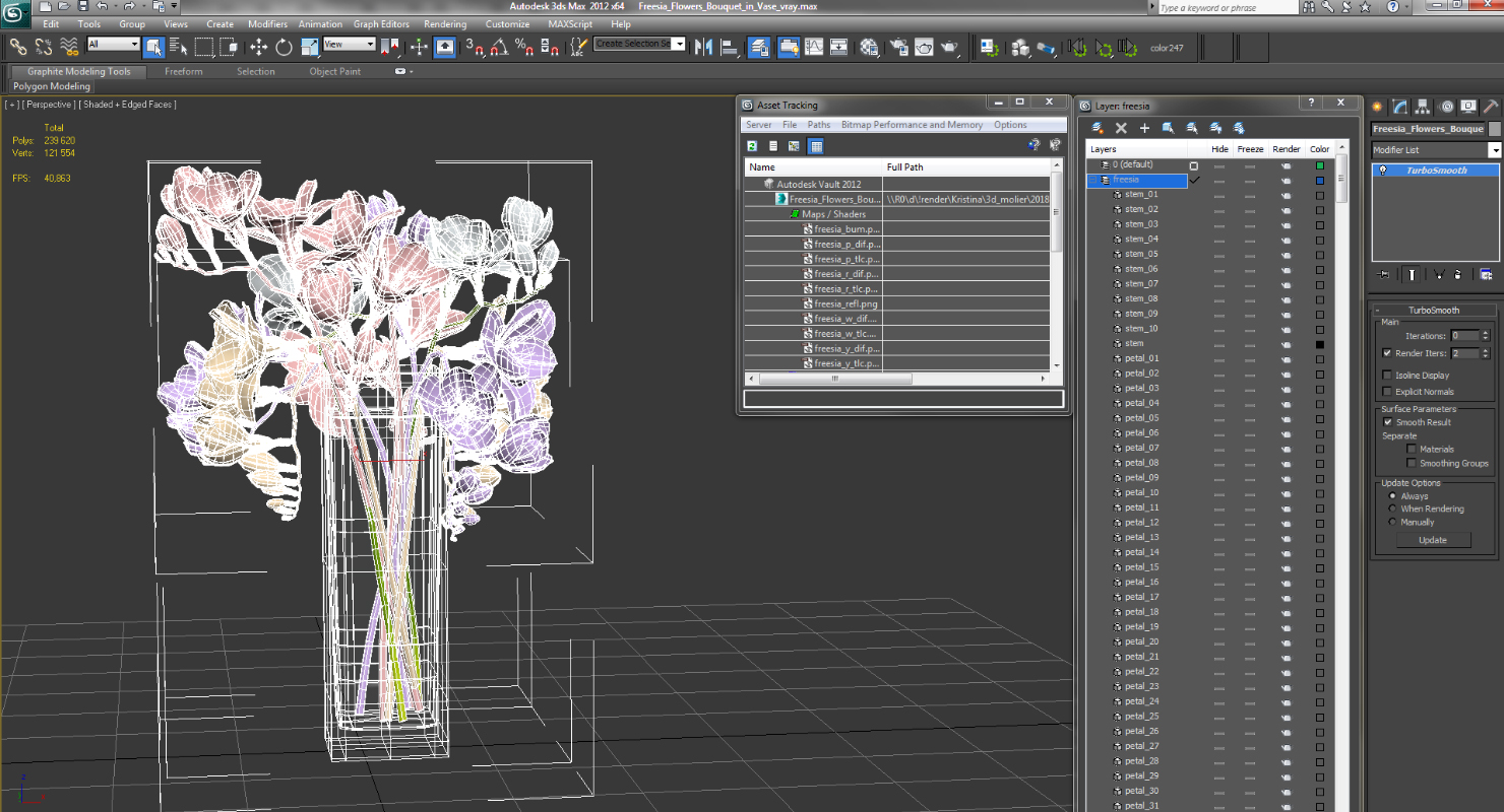 3D Freesia Flowers Bouquet in Vase
