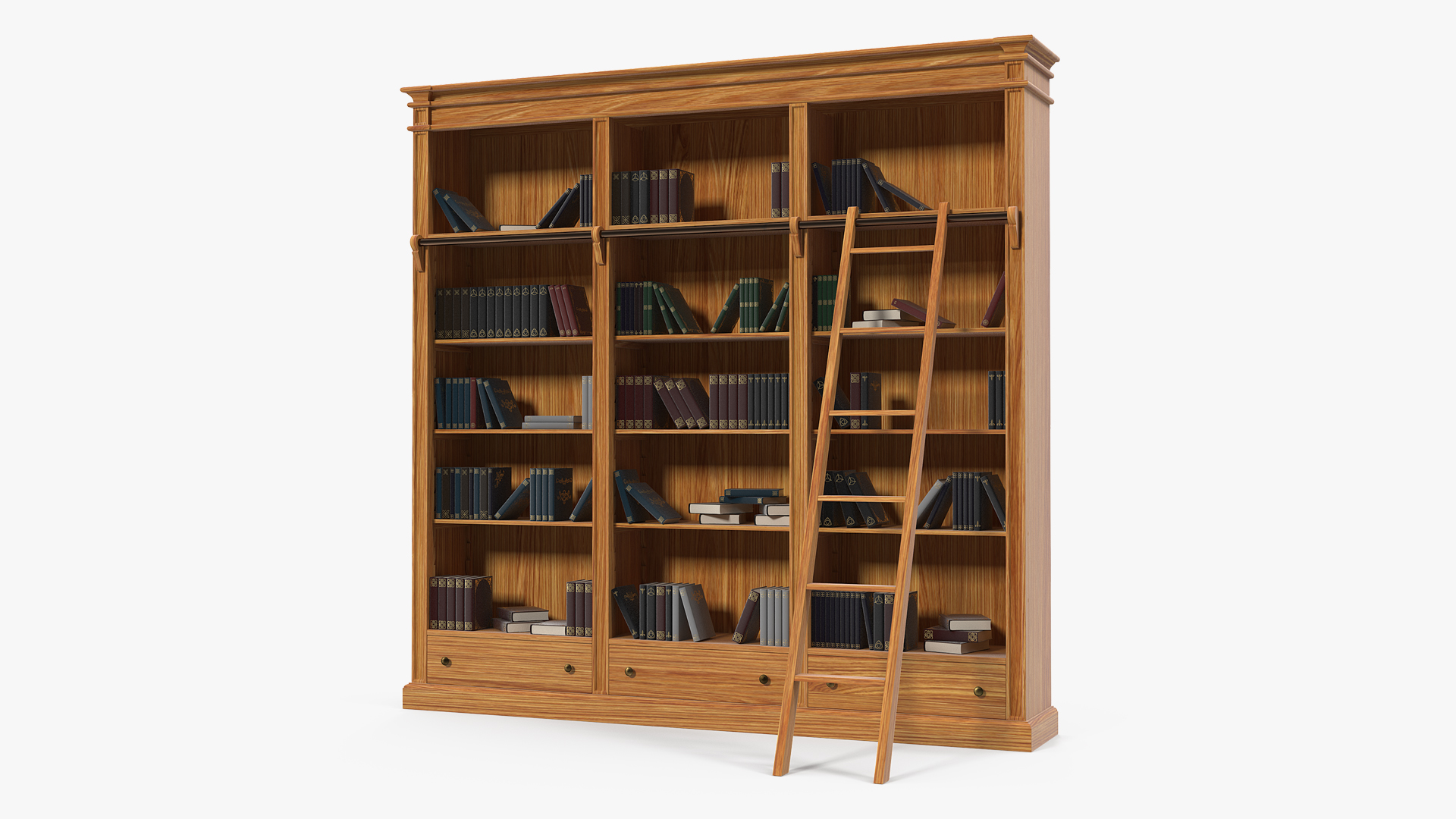 Wood Library Bookcase with Books 3D