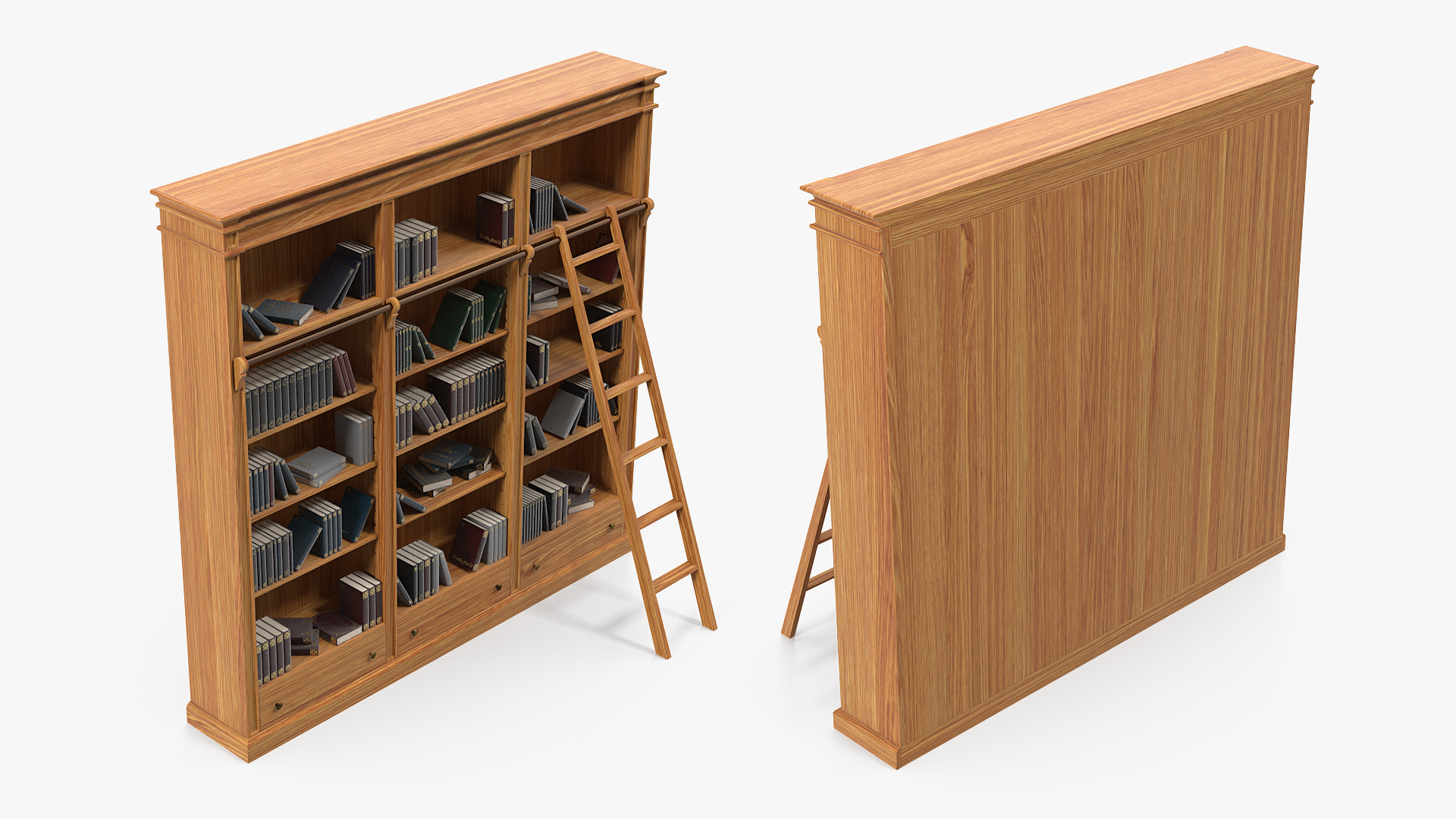 Wood Library Bookcase with Books 3D