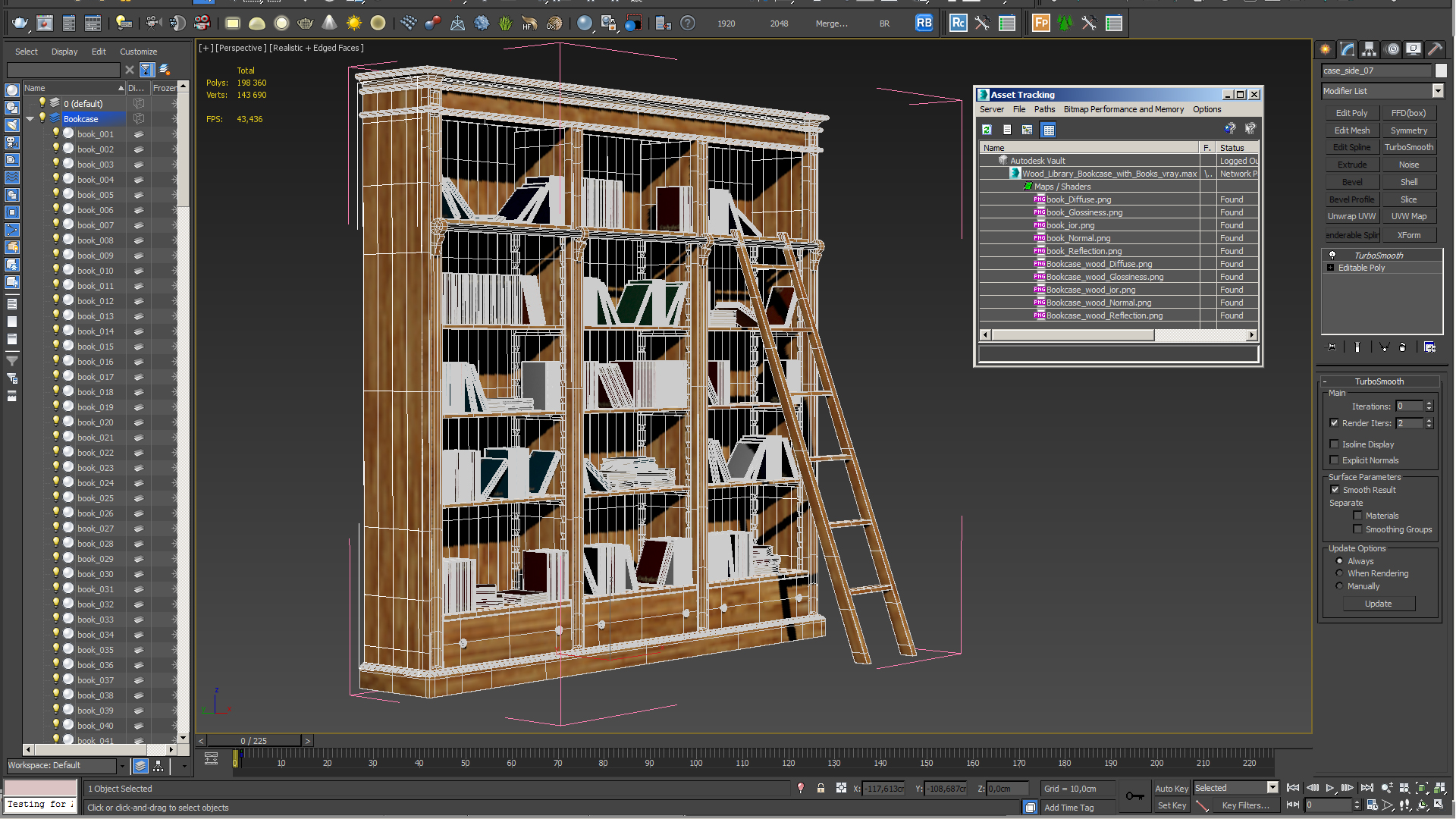 Wood Library Bookcase with Books 3D