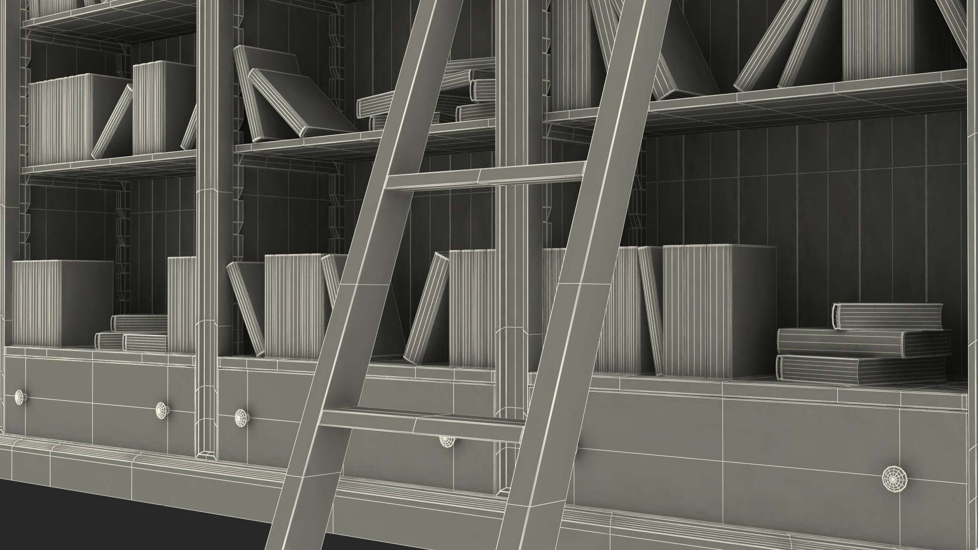 Wood Library Bookcase with Books 3D