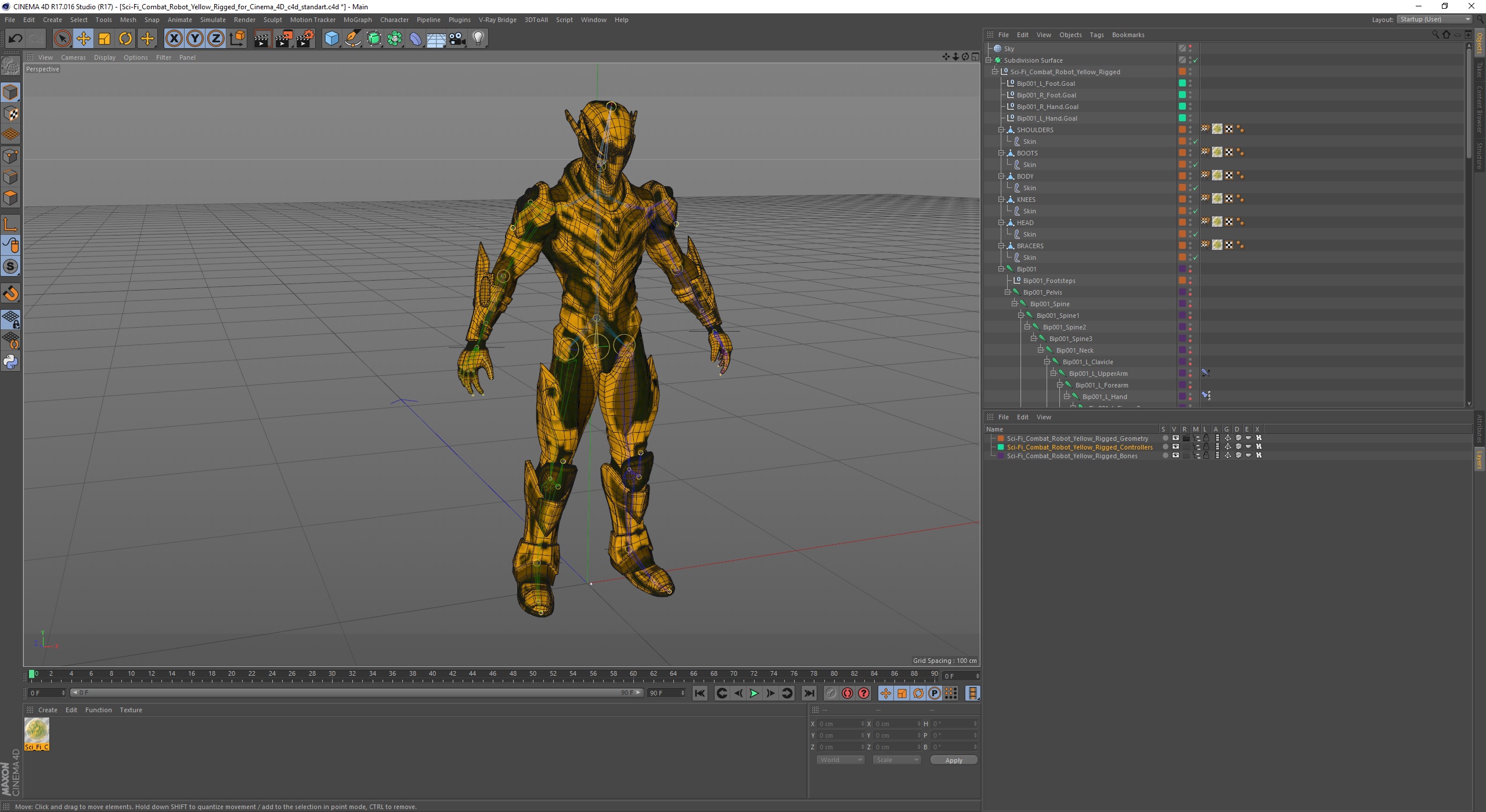 Sci-Fi Combat Robot Yellow Rigged for Cinema 4D 3D