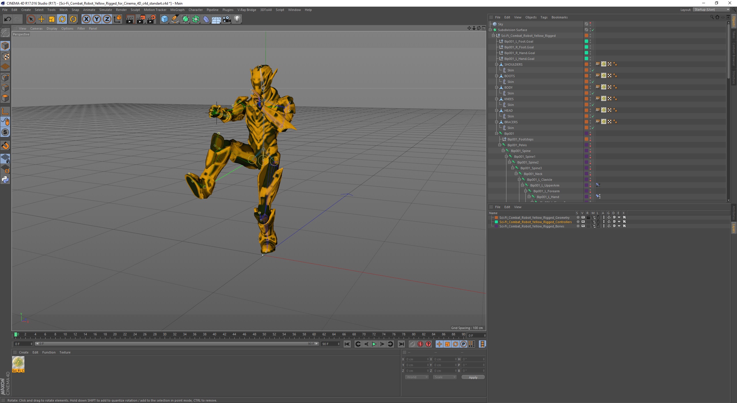 Sci-Fi Combat Robot Yellow Rigged for Cinema 4D 3D
