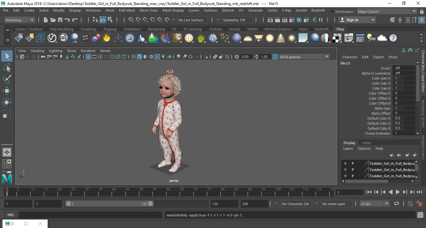 3D Toddler Girl in Full Bodysuit Standing model