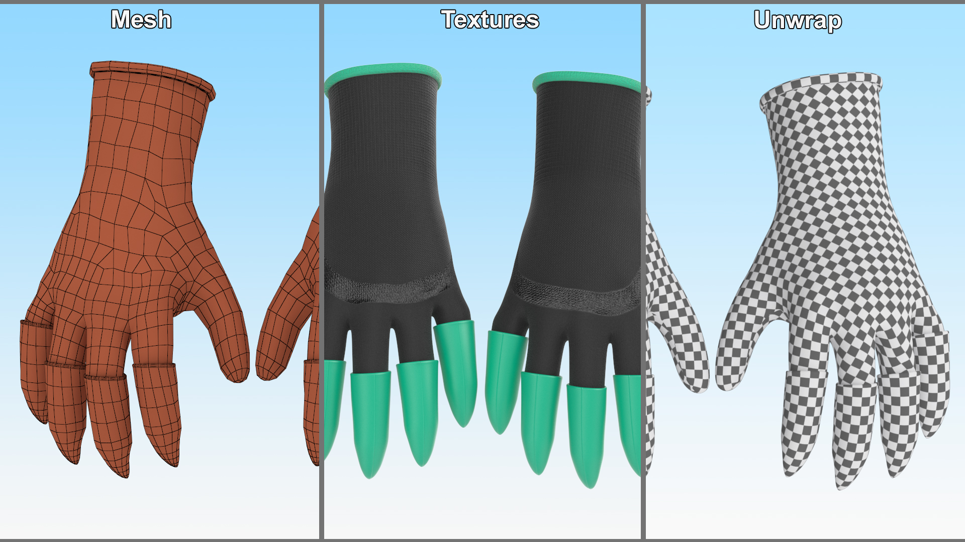 3D Garden Gloves with Plastic Claws Green model