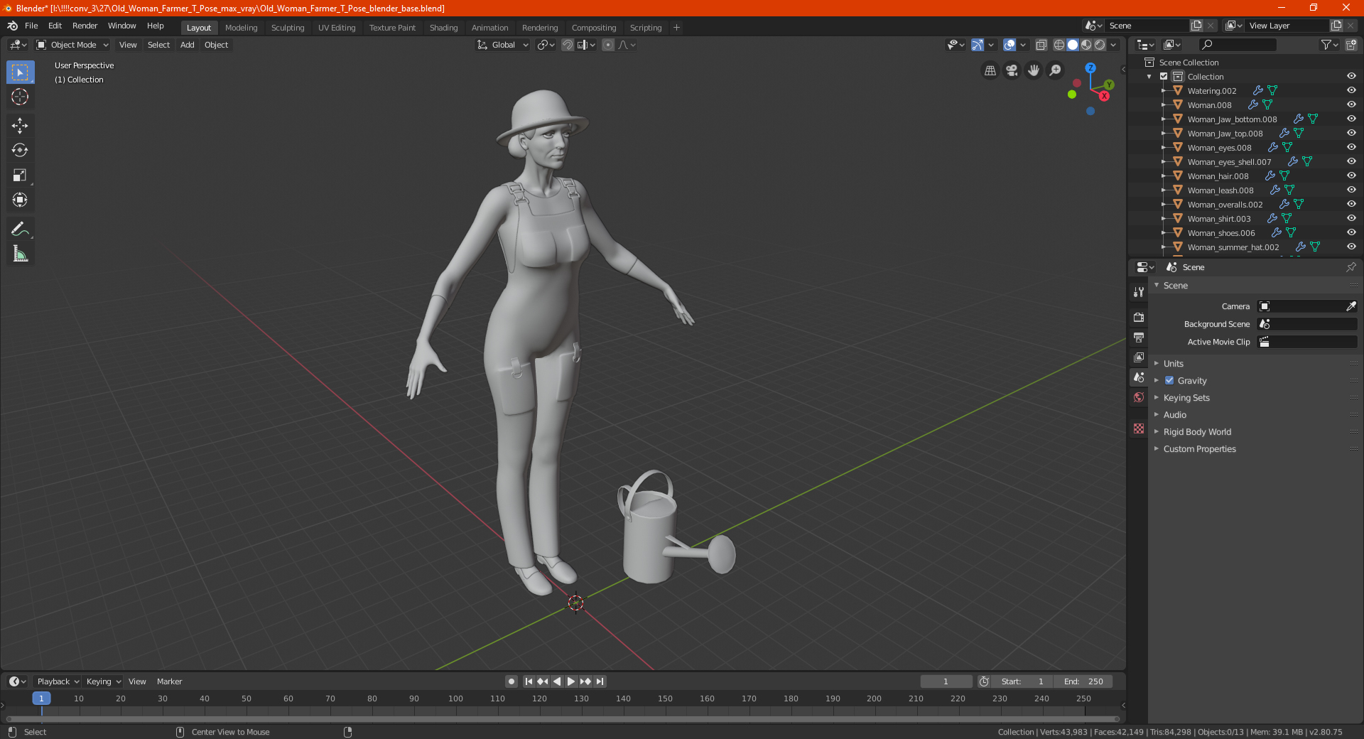3D Old Woman Farmer T Pose model