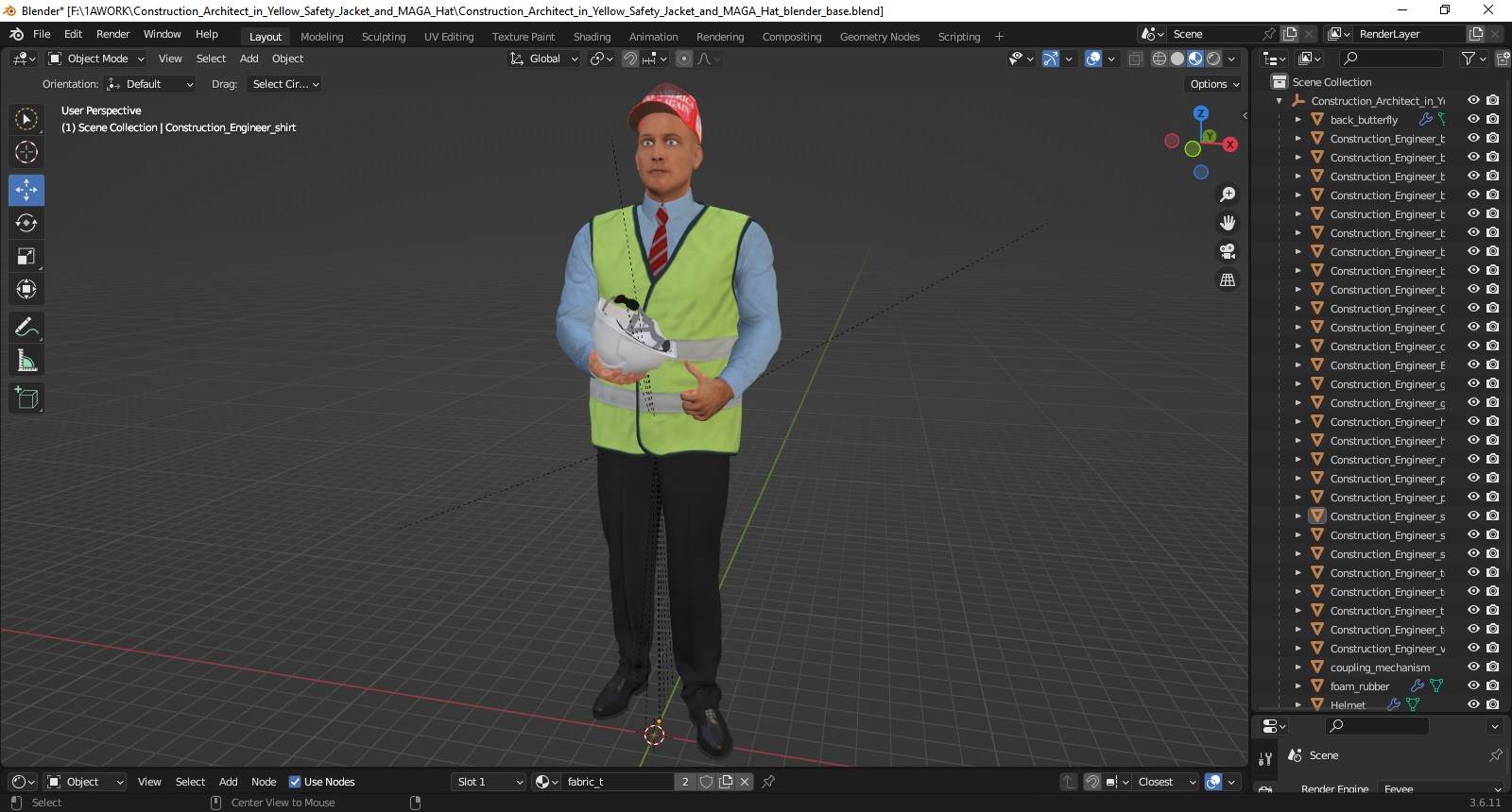 Construction Architect in Yellow Safety Jacket and MAGA Hat 3D model