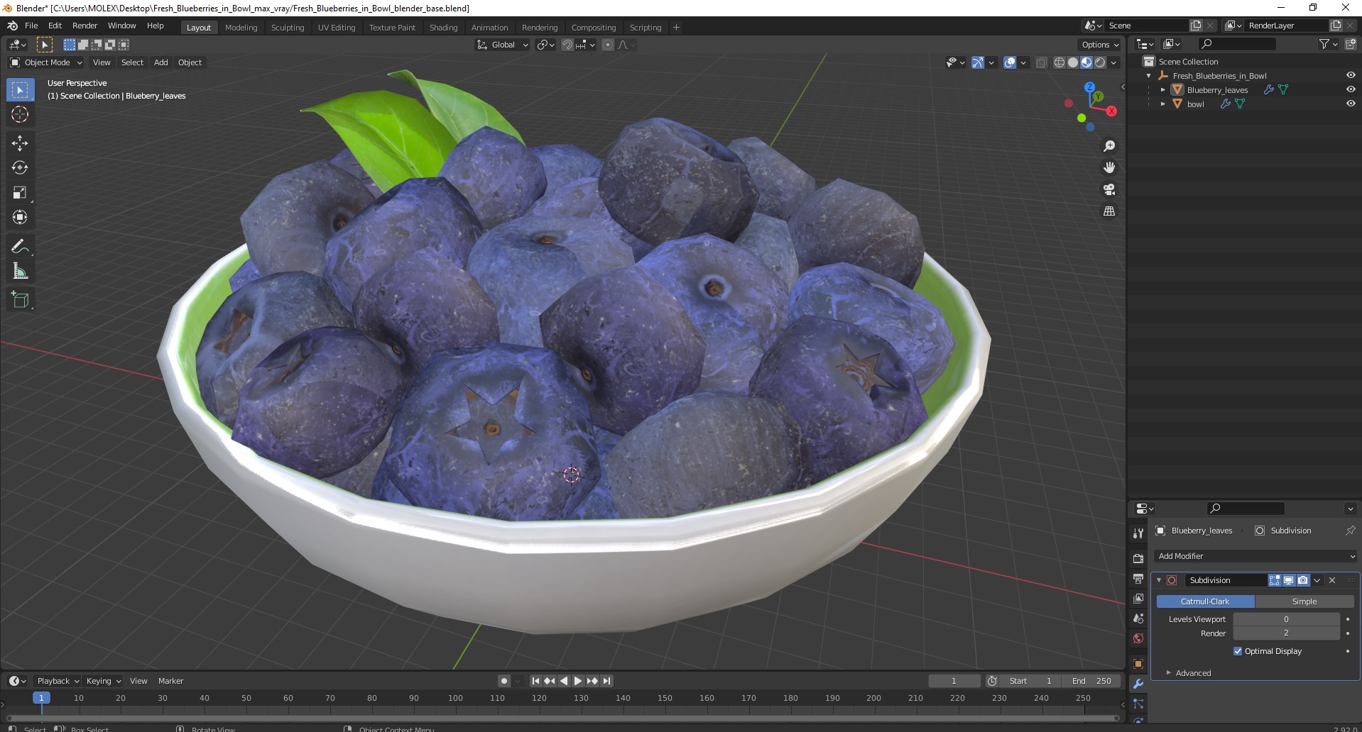 3D model Fresh Blueberries in Bowl