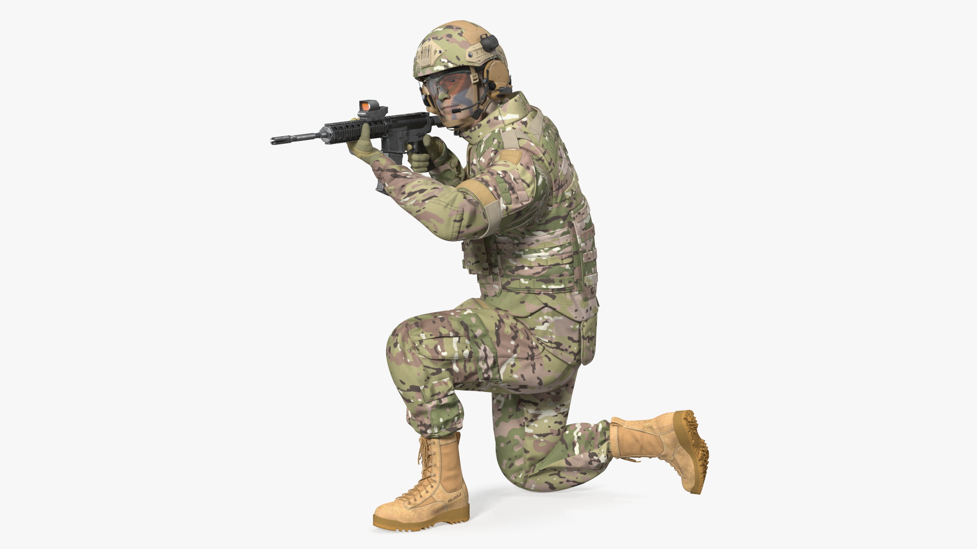 Army Soldier in Green Camo with Rifle Aiming 3D model