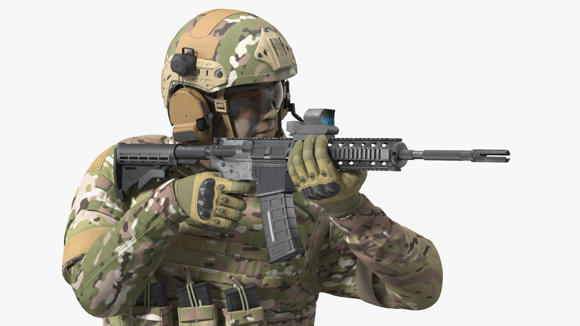 Army Soldier in Green Camo with Rifle Aiming 3D model