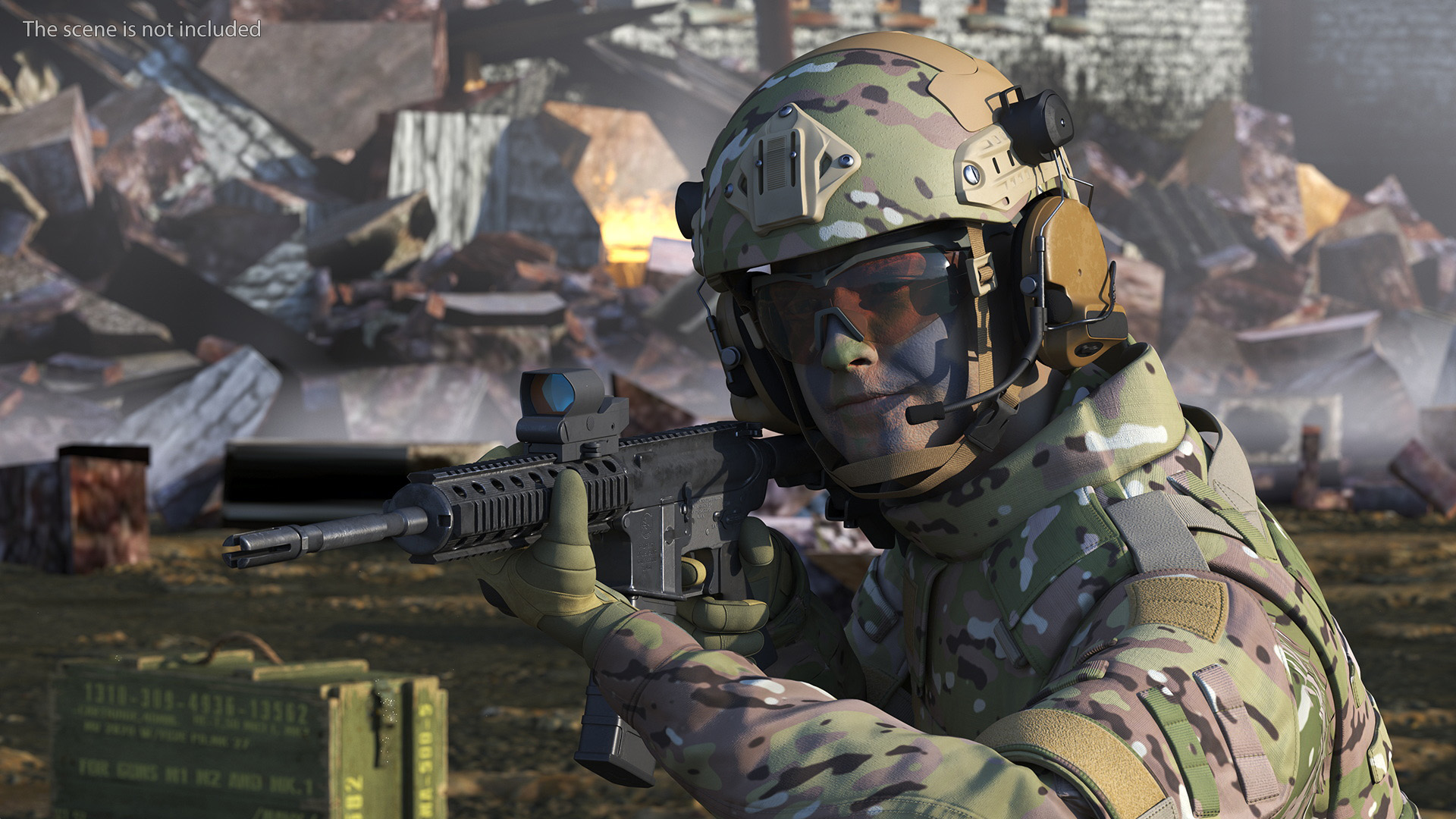 Army Soldier in Green Camo with Rifle Aiming 3D model