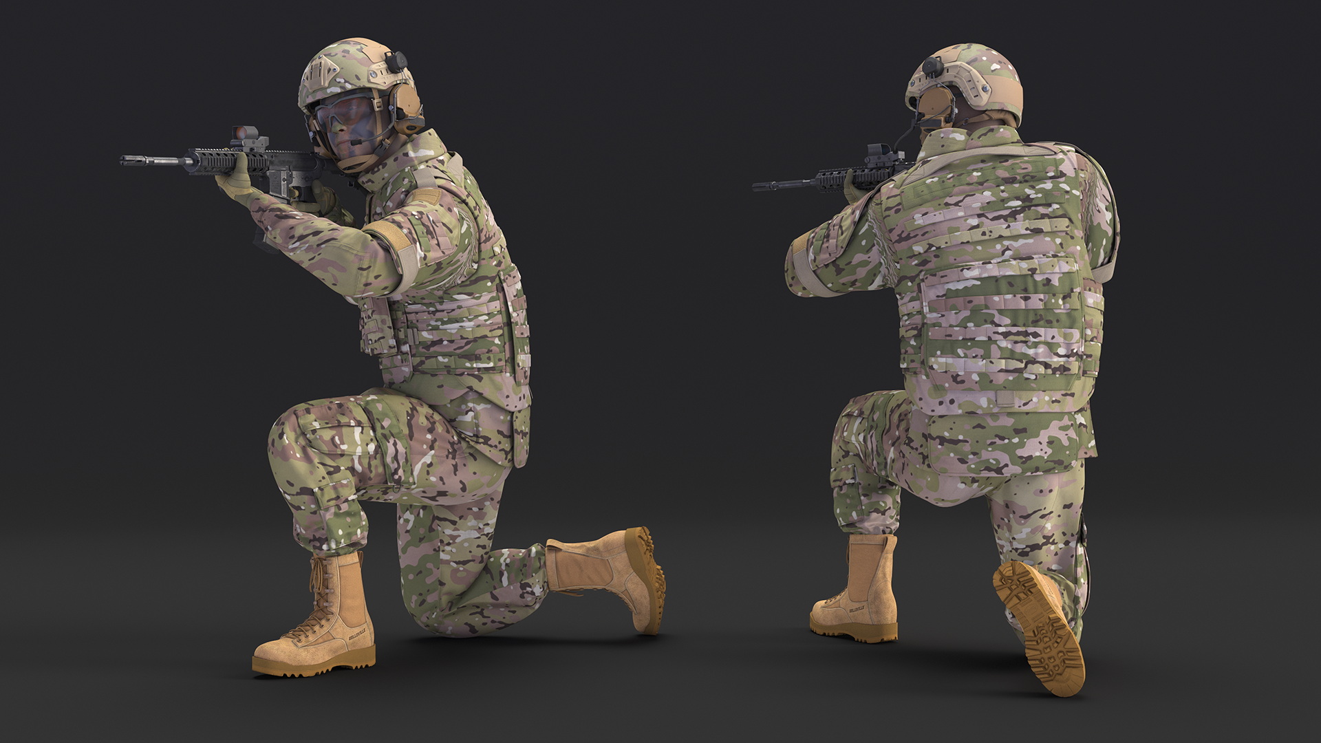 Army Soldier in Green Camo with Rifle Aiming 3D model