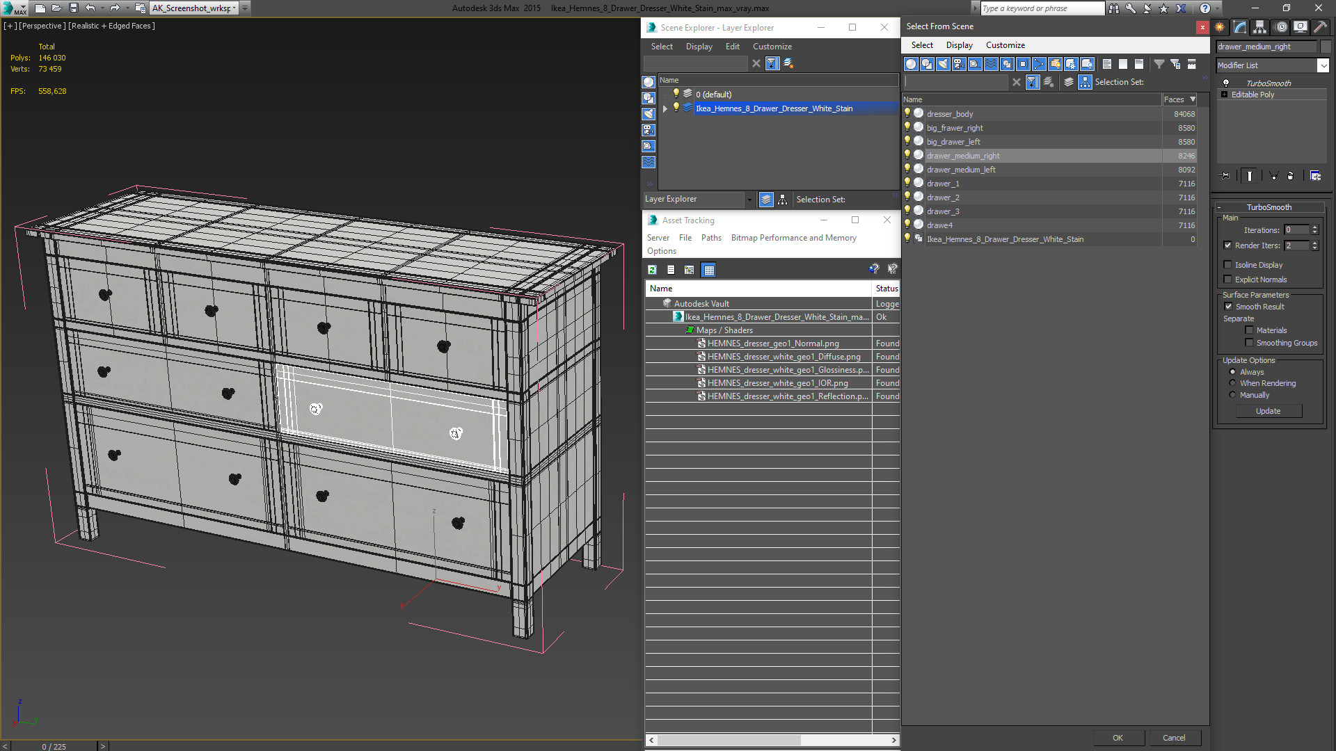 3D model Ikea Hemnes 8 Drawer Dresser White Stain