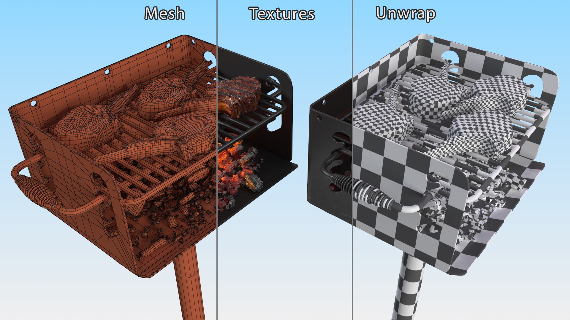 3D Charcoal Grill with BBQ Tomahawk Steak model