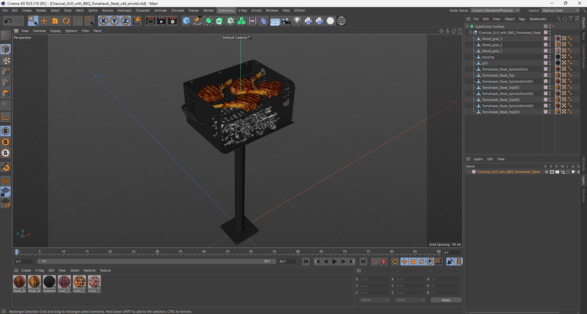 3D Charcoal Grill with BBQ Tomahawk Steak model