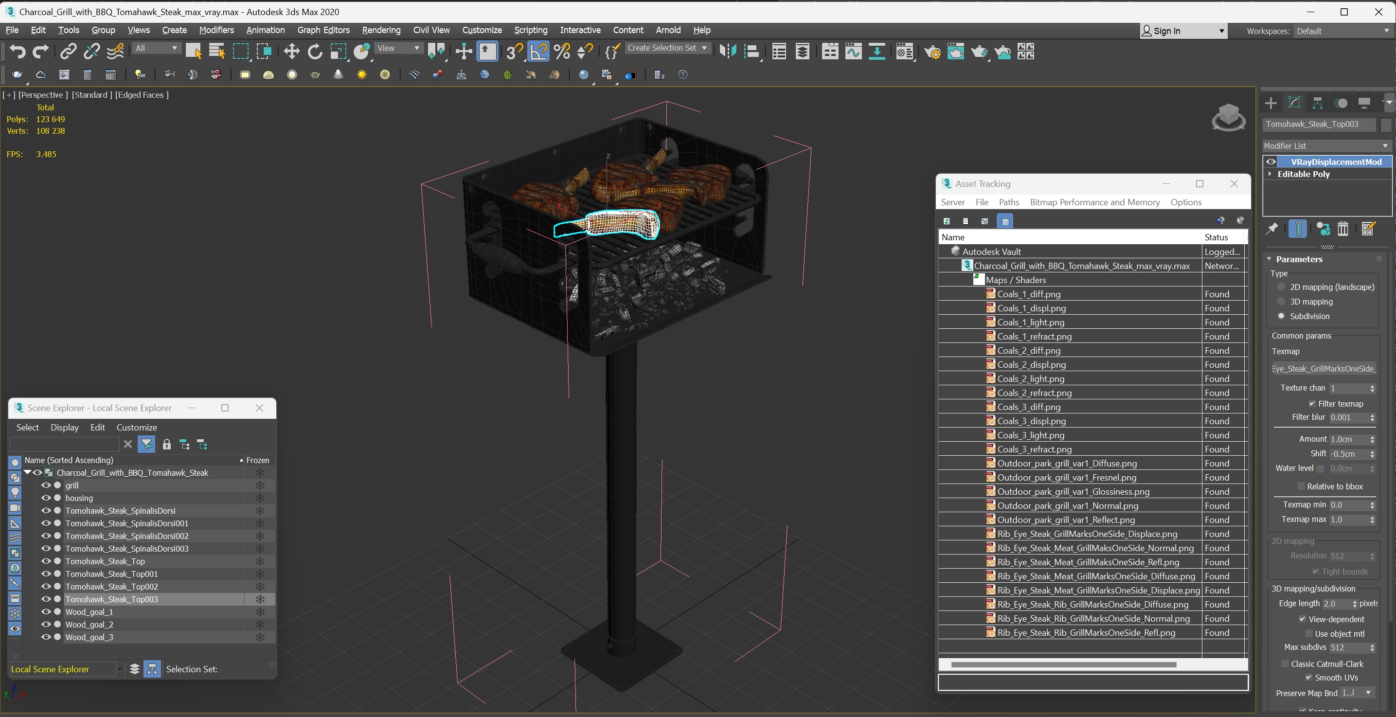 3D Charcoal Grill with BBQ Tomahawk Steak model
