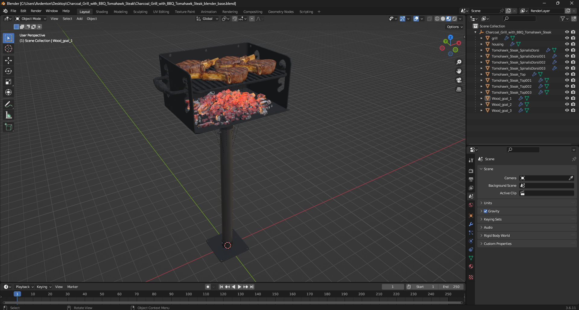 3D Charcoal Grill with BBQ Tomahawk Steak model