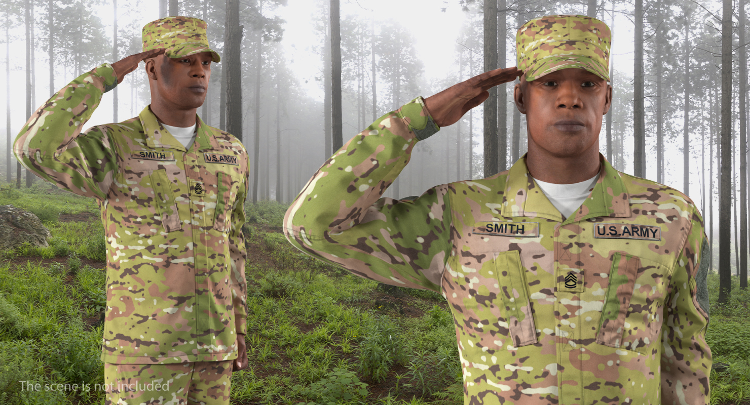 3D model US Army African American Soldier Camo Saluting Fur
