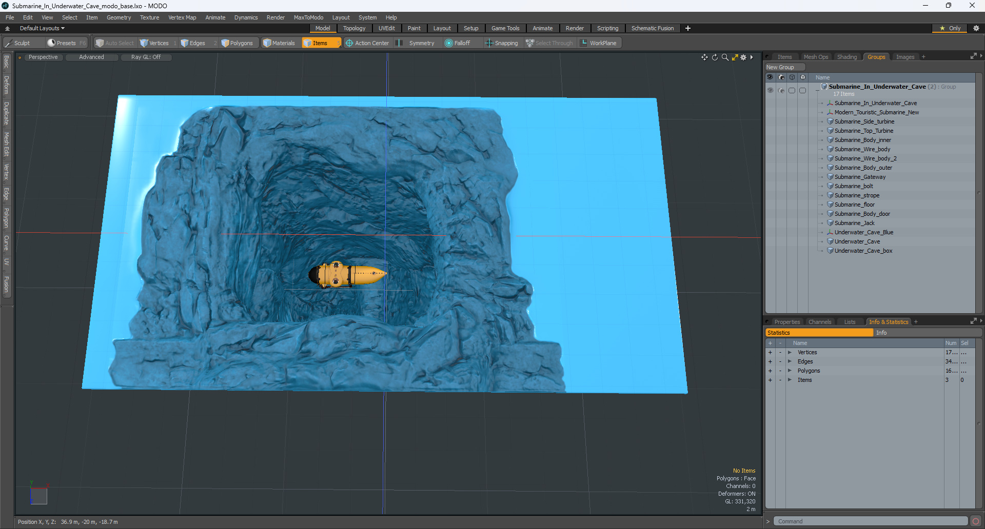 3D Submarine In Underwater Cave model