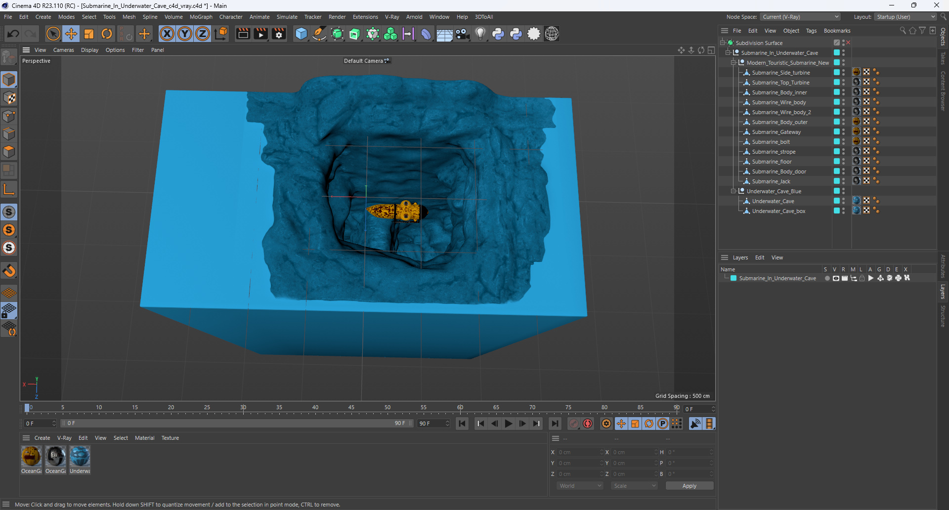 3D Submarine In Underwater Cave model