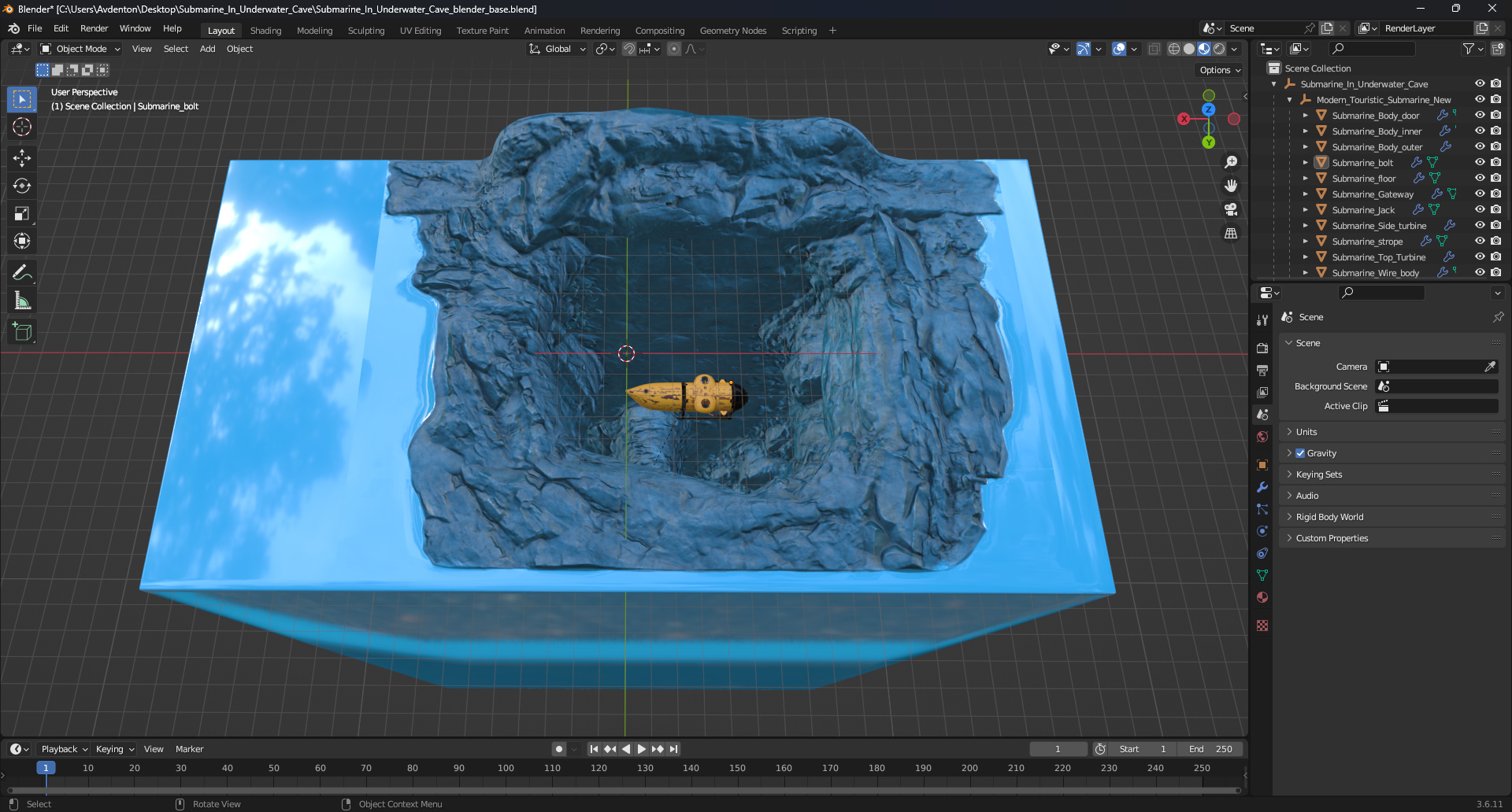 3D Submarine In Underwater Cave model