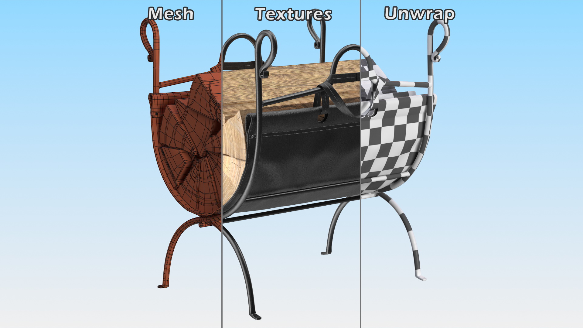 3D model Folding Firewood Log Rack with Leather Sling Black