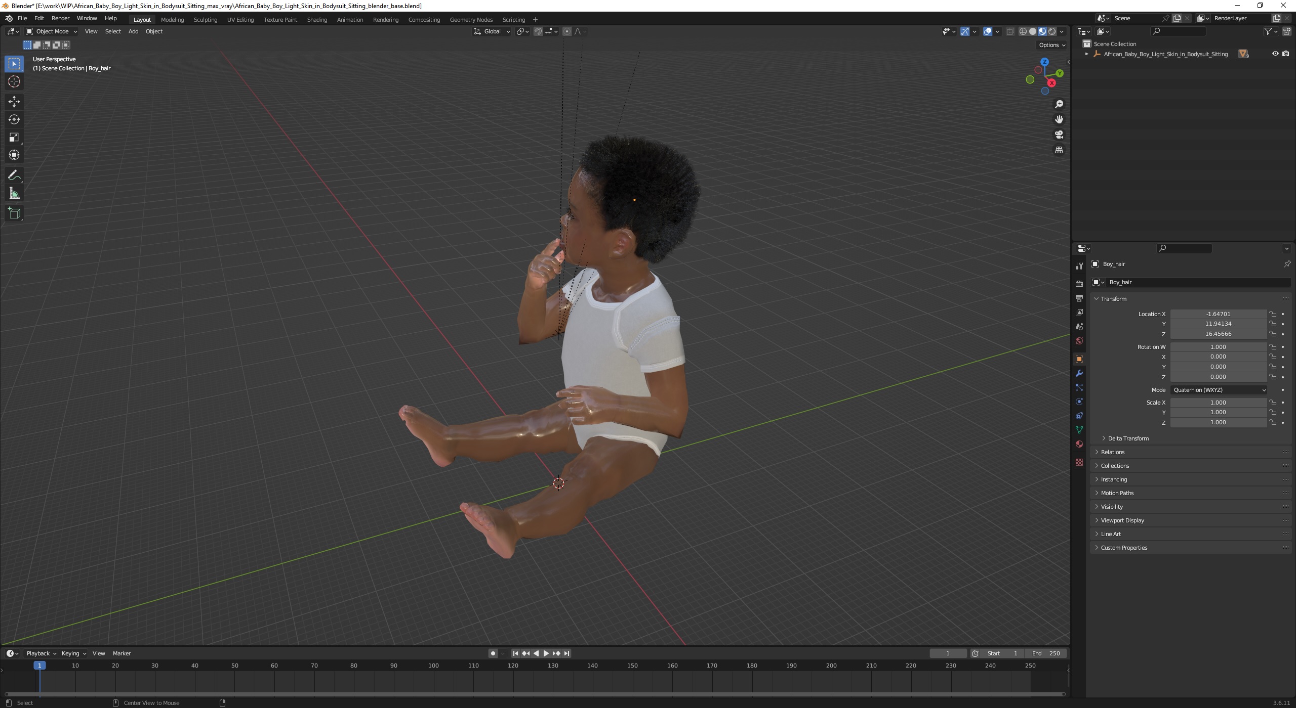 African Baby Boy Light Skin in Bodysuit Sitting 3D
