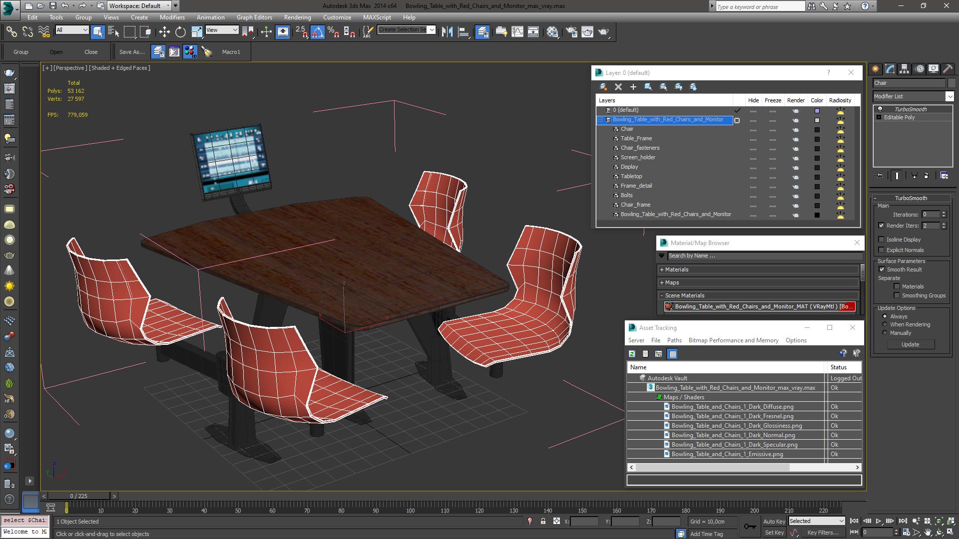 3D Bowling Table with Red Chairs and Monitor