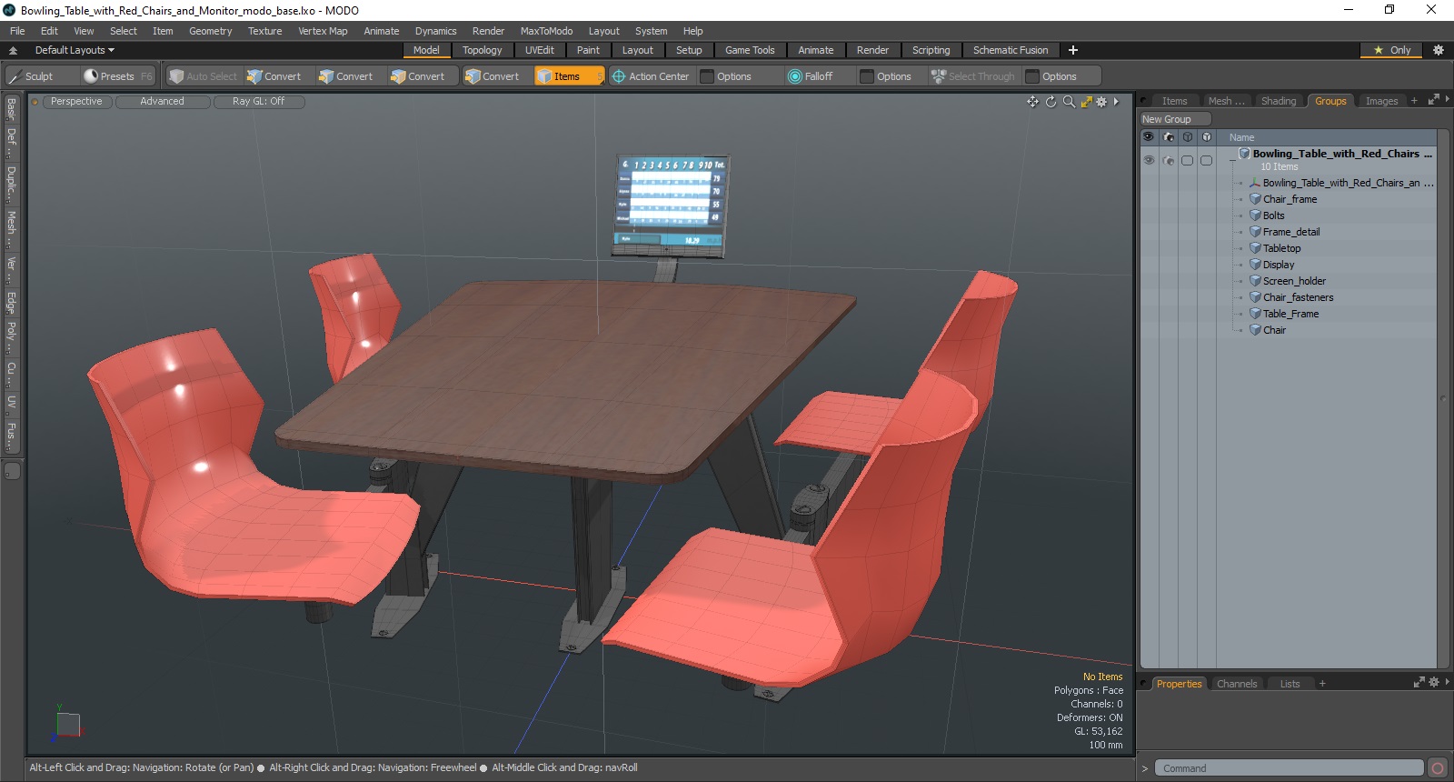 3D Bowling Table with Red Chairs and Monitor